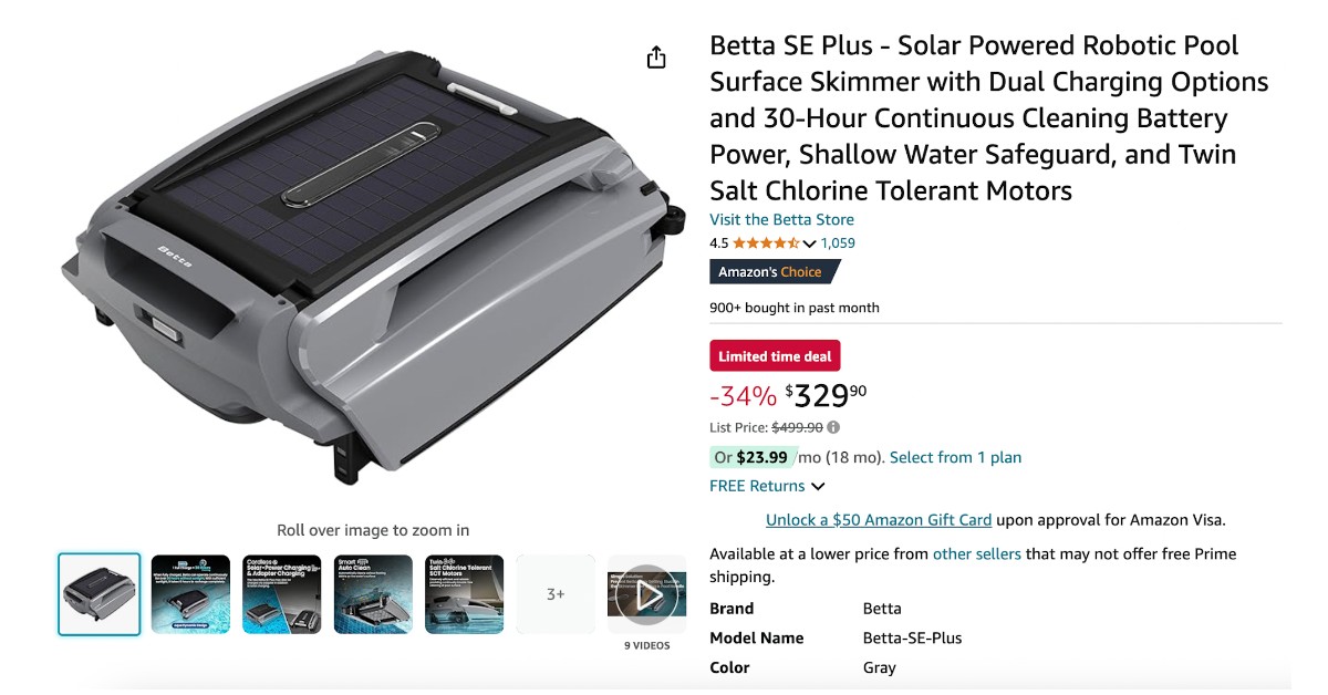 Exciting Offer: Get the Betta Solar Powered Robotic Pool Surface Skimmer for $170 Off!