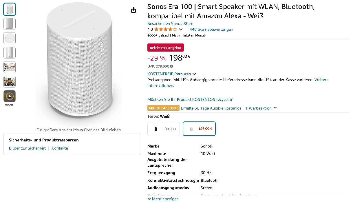 Screenshot der Sonos Era 100. Quelle: Amazon