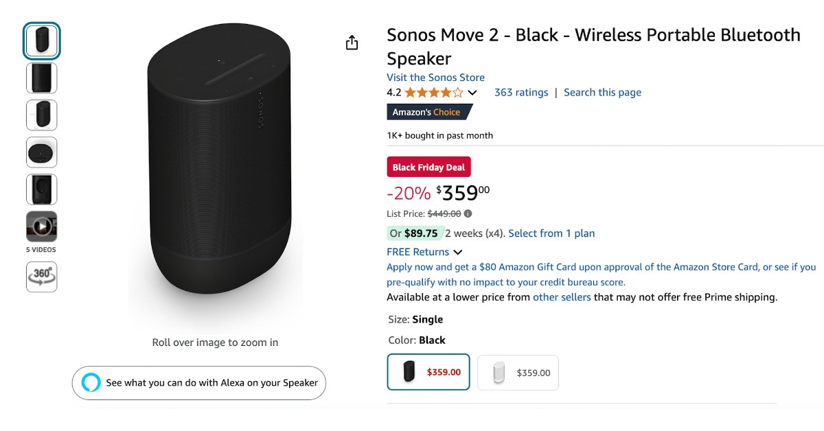 Get the Sonos Move 2 Wireless Portable Bluetooth Speaker with a $90 OFF!