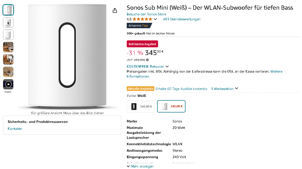 Screenshot der Sonos Sub Mini