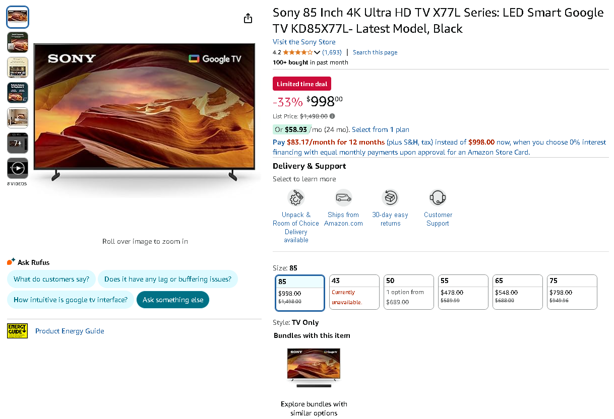 Screenshot of the Sony X77L 85-inch 4K TV