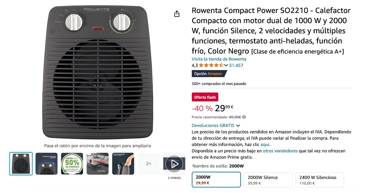 Rowenta Compact Power Calefactor SO2210 - ¡20 €  de descuento! ¡No te lo pierdas!