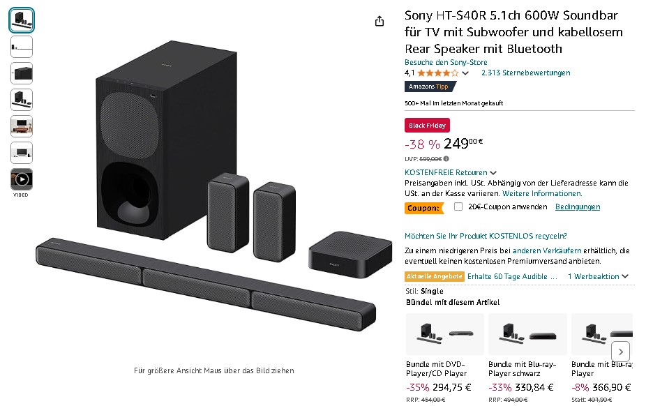 Sony HT-S40R 5.1ch Soundbar-System auf Amazon