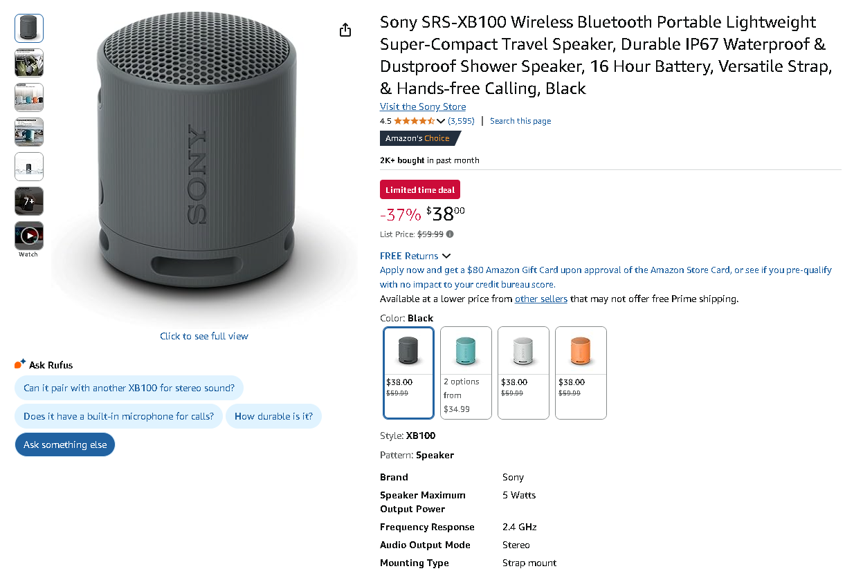 Screenshot of the Sony SRS-XB100 Portable Bluetooth Speaker