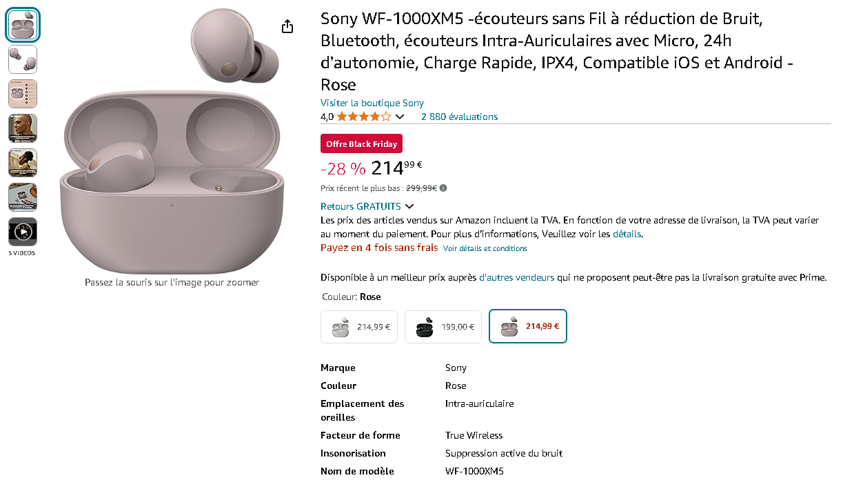 Écouteurs Sony WF-1000XM5 sur la page d'Amazon