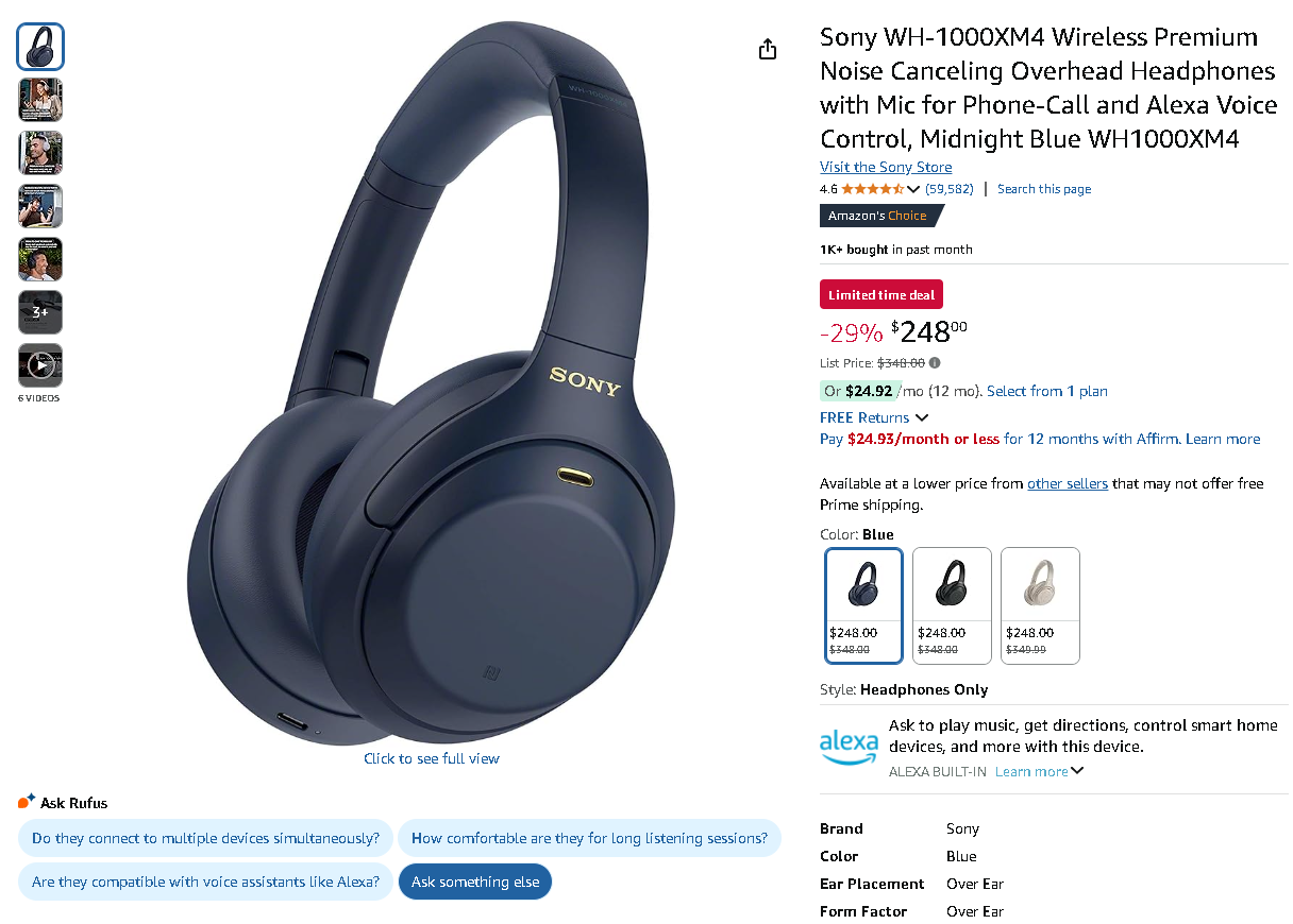 Screenshot of the Sony WH-1000XM4 headphones. Source: Amazon