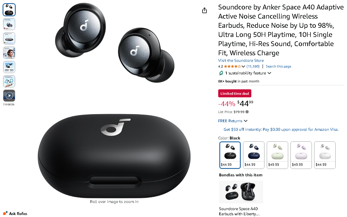 Screenshot of the Soundcore Space A40 earbuds