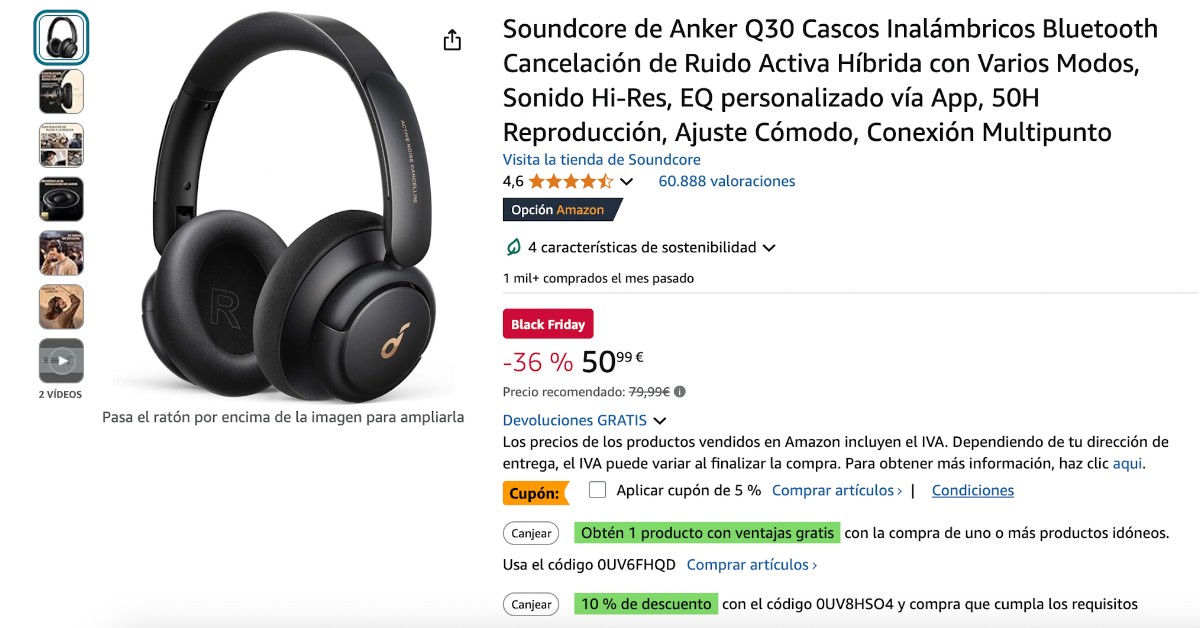 Auriculares con cancelación de ruido Soundcore by Anker Q30 ¡con descuento limitado de 29€ !