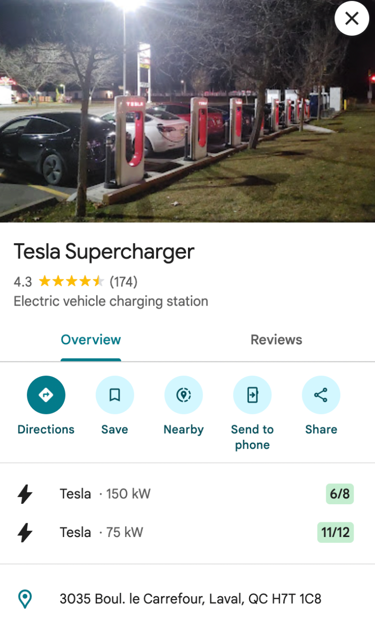 Отображение статуса зарядных станций Supercharger в Google Картах