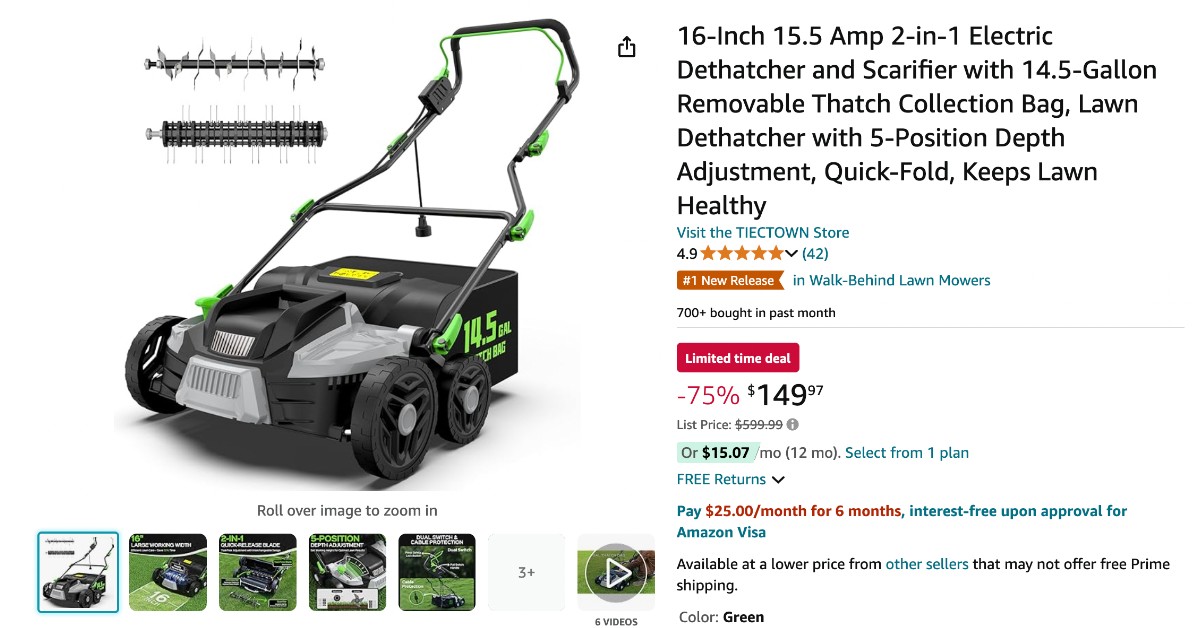 TIECTOWN LM01 2-in-1 Electric Dethatcher and Scarifier with a massive $450 NOW!