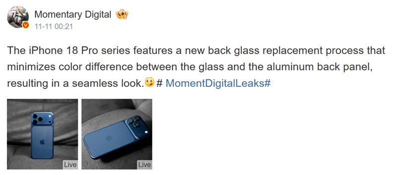 Auto translation of Instant Digital's message on Weibo about the iPhone 18 Pro design