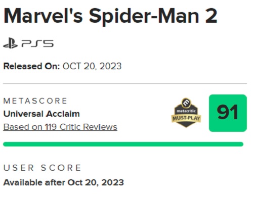 100 % des recommandations parlent d'elles-mêmes : les critiques sont dithyrambiques à l'égard de Marvel's Spider-Man 2 et louent l'excellent travail d'Insomniac Games.-3
