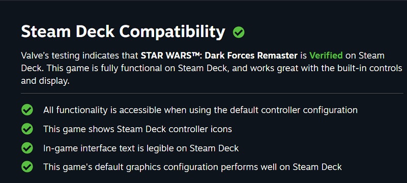 El remaster del shooter de culto Star Wars: Dark Forces será totalmente compatible con Steam Deck desde el primer día de su lanzamiento.-2