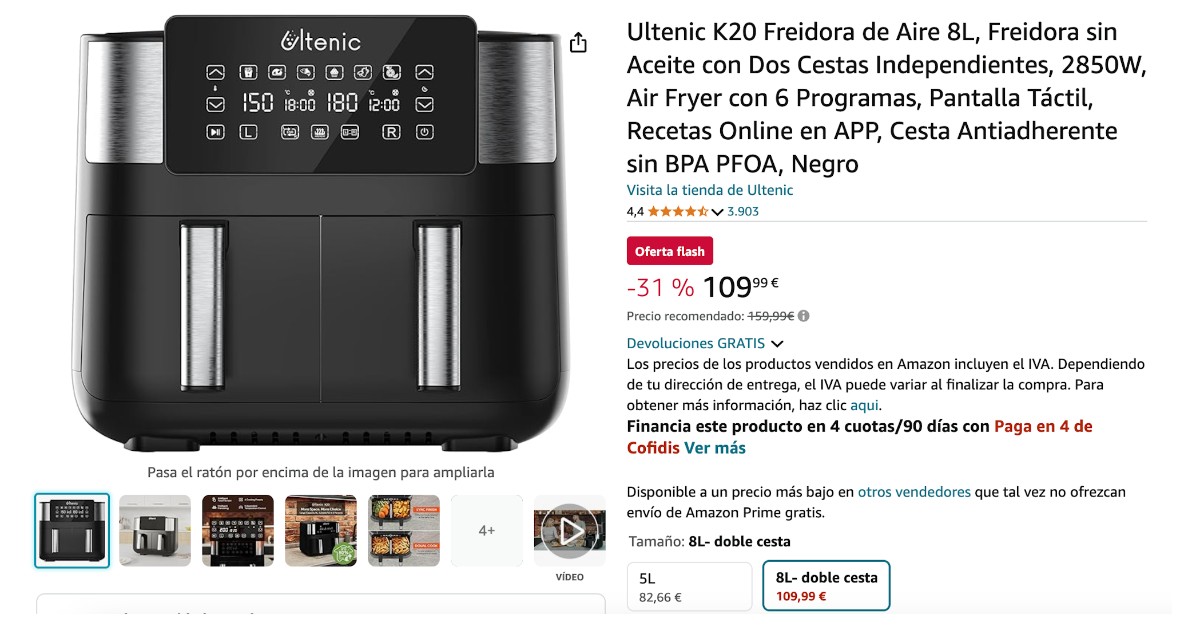 ¡Ultenic K20 Air Fryer 8L con un descuento de 50 € ahora!