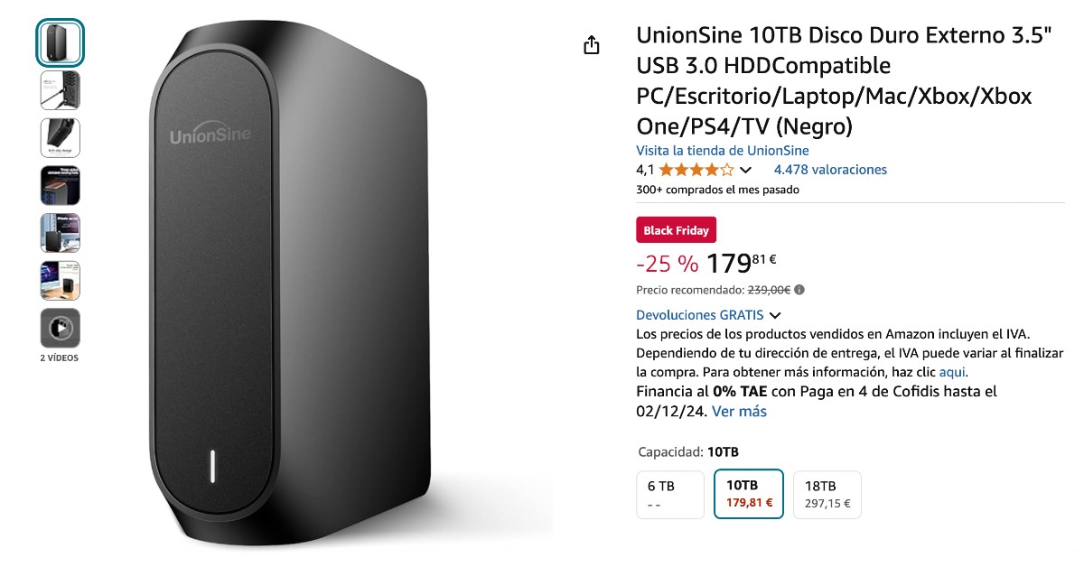 UnionSine Disco Duro Externo 10TB - ¡Ahora con descuento limitado de 60€!