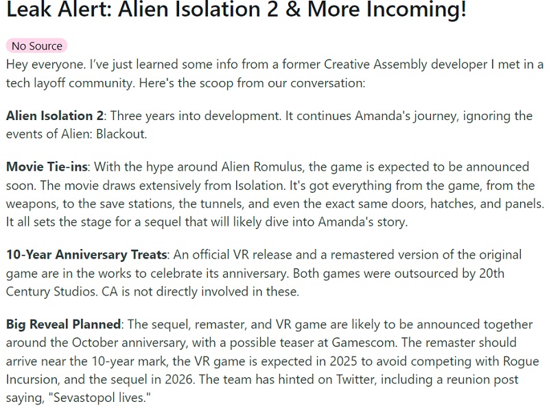 Hot news from Reddit: a sequel, remaster and VR version of cult horror game Alien: Isolation is in development-2