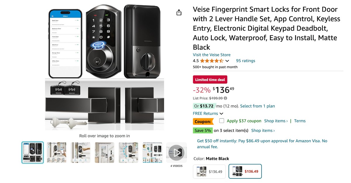 Veise Fingerprint Smart Locks for Front Door with a $63 Discount NOW!