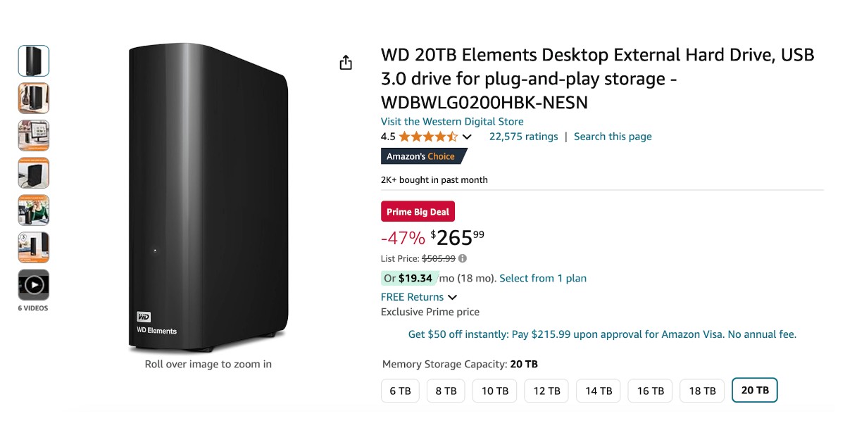 WD 20TB Elements Desktop External Hard Drive - $240 Discount Prime Big Deal!