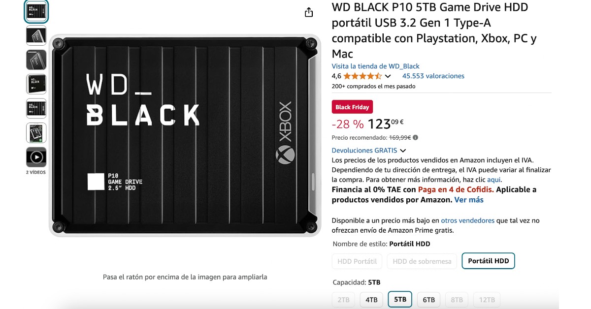 ¡Gran Oportunidad! WD BLACK P10 5TB Game Drive HDD Portátil con 46€ de Descuento!