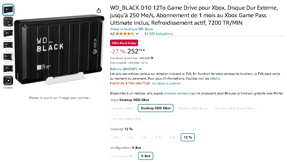 WD_BLACK D10 12To pour Xbox - Capture d'écran de la page produit