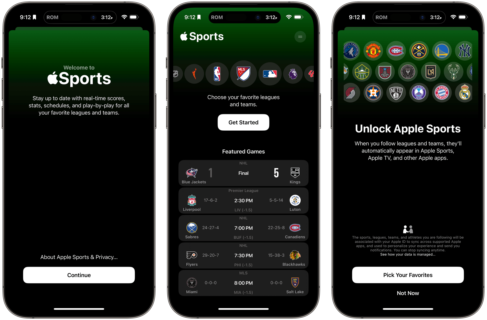 Capture d'écran de l'interface de l'application Apple Sports