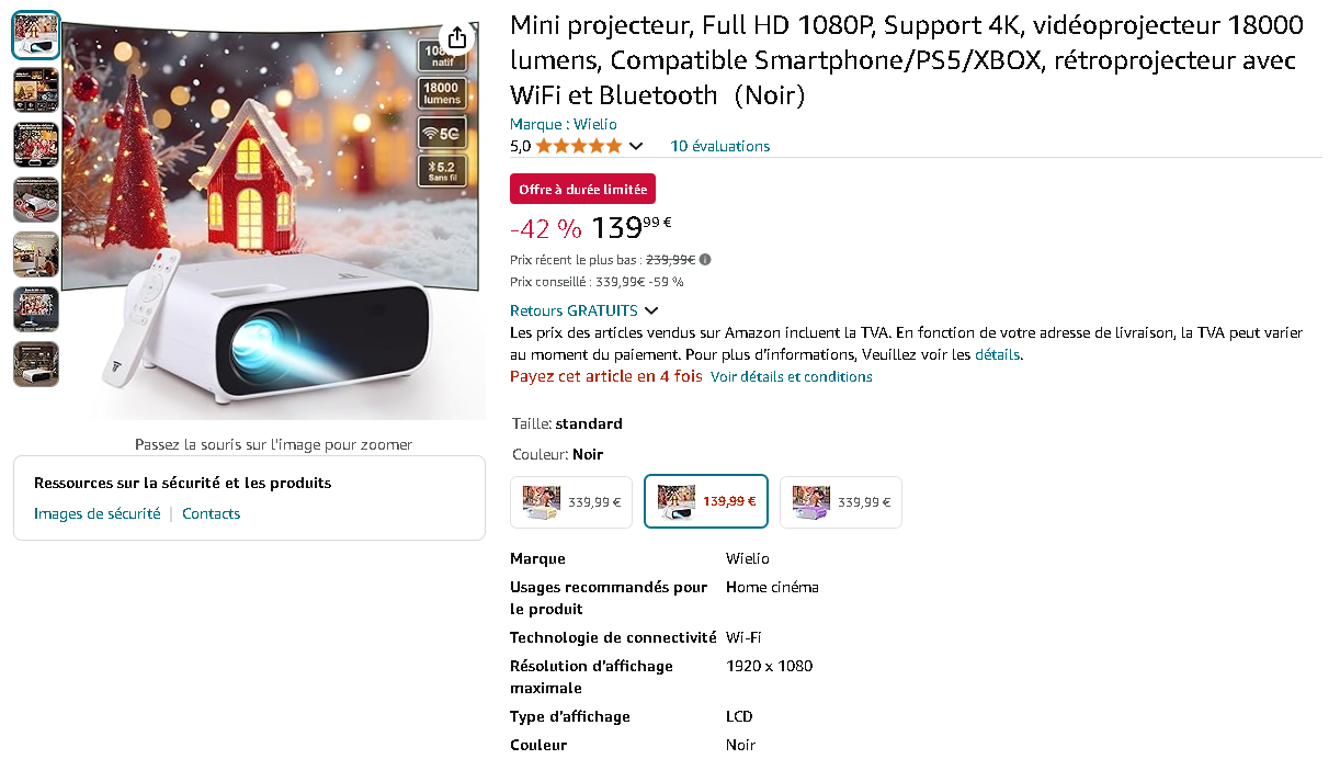 Capture d'écran de la page du Wielio Mini Projecteur sur Amazon