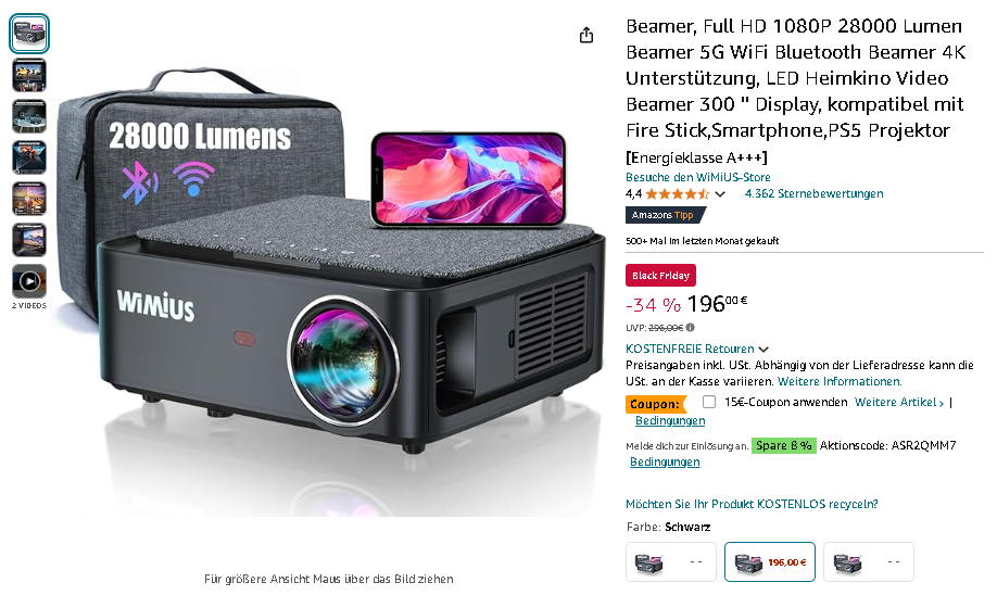 Screenshot des WiMiUS K1 Beamers auf Amazon