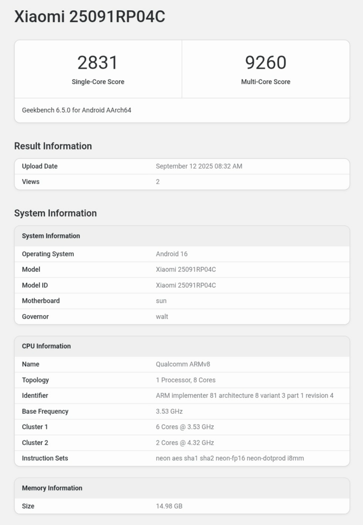 Xiaomi Pad 8 Pro performance test on Geekbench