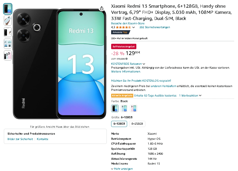 Screenshot der Xiaomi Redmi 13. Quelle: Amazon