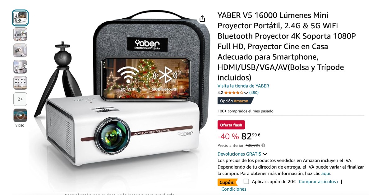 ¡Miniproyector YABER V5 de 16000 lúmenes con un descuento de 56€!