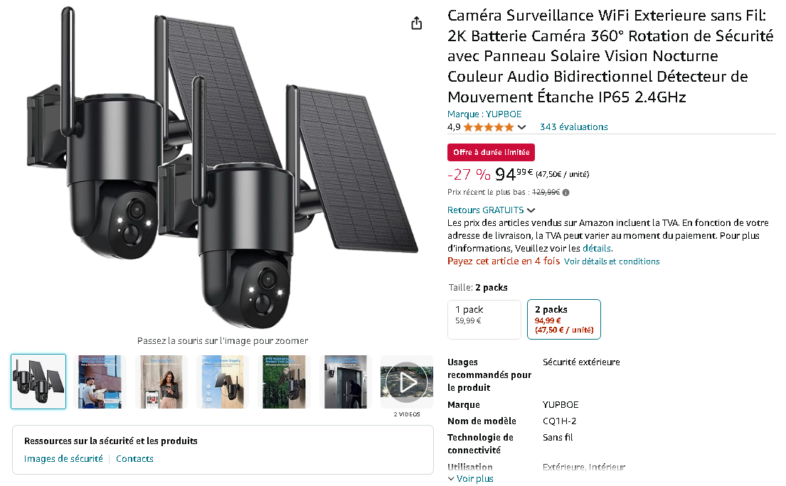 Capture d'écran de la caméra YUPBOE sur Amazon