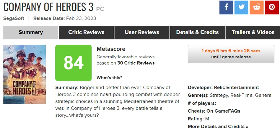 La crítica se ha mostrado satisfecha con Company of Heroes 3. El juego ha recibido altas puntuaciones en los agregadores-2