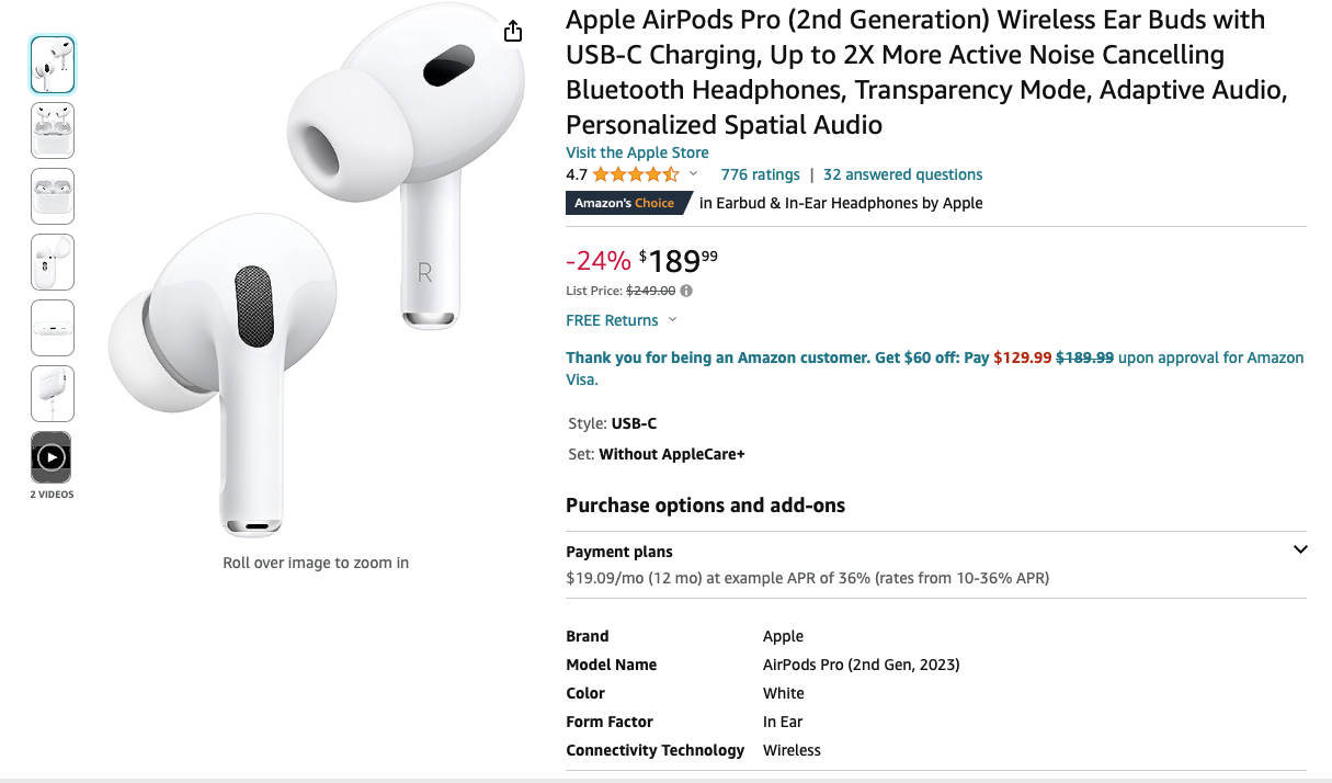  Apple AirPods Pro (2nd Generation) Wireless Ear Buds with USB-C  Charging, Up to 2X More Active Noise Cancelling Bluetooth Headphones,  Transparency Mode, Adaptive Audio, Personalized Spatial Audio : Electronics