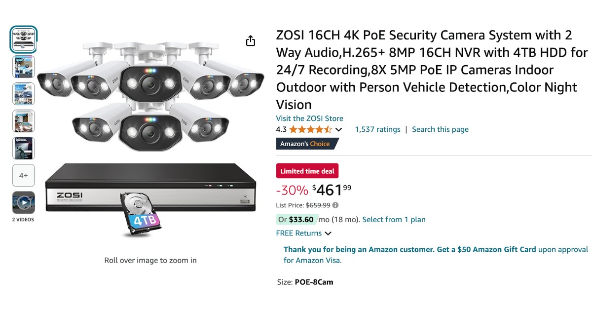 ZOSI 4K PoE Security Camera System - $198 Off Limited time deal!