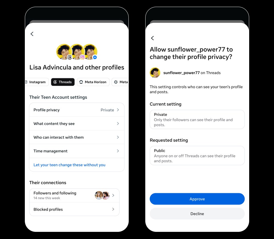 Иллюстрация работы функции Parental Supervision в Threads