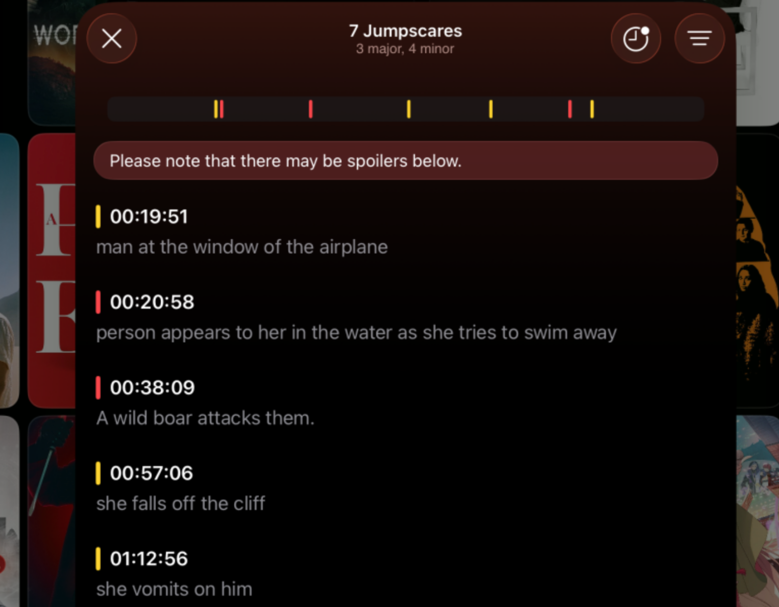 Интерфейс приложения Binge с функцией предупреждения о скримерах