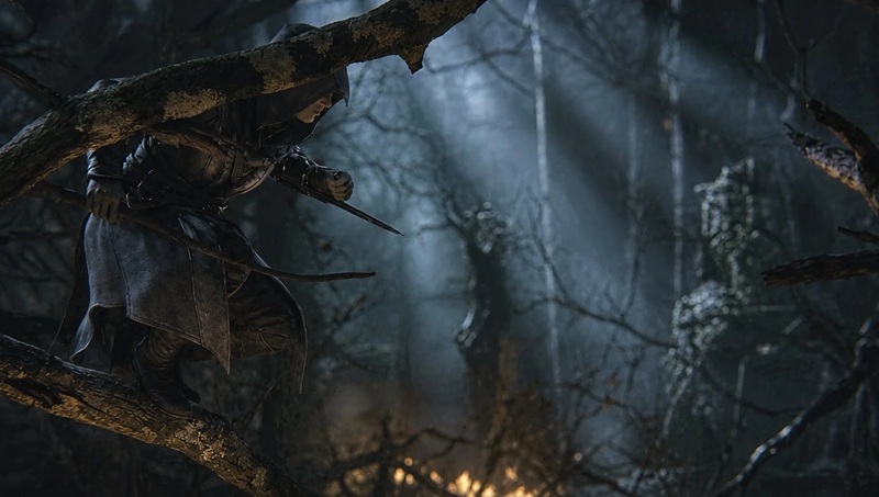 Anika in assassin costume on tree branch