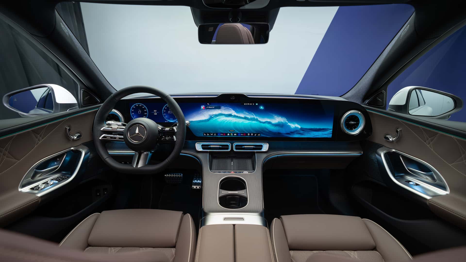 Close-up of Mercedes steering wheel