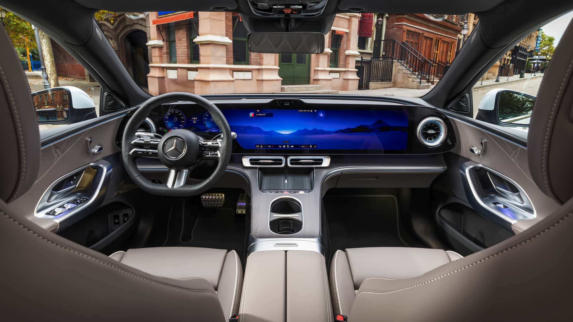 Passenger view from back seat in Mercedes