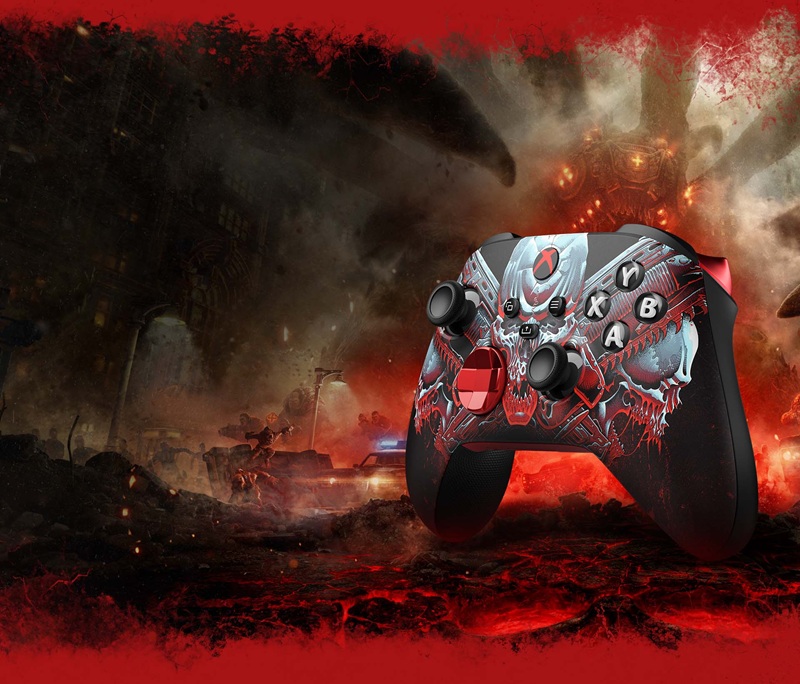 El mando Gears of War: E-Day con asfalto agrietado en 3D y el símbolo Crimson Omen iluminado en rojo.
