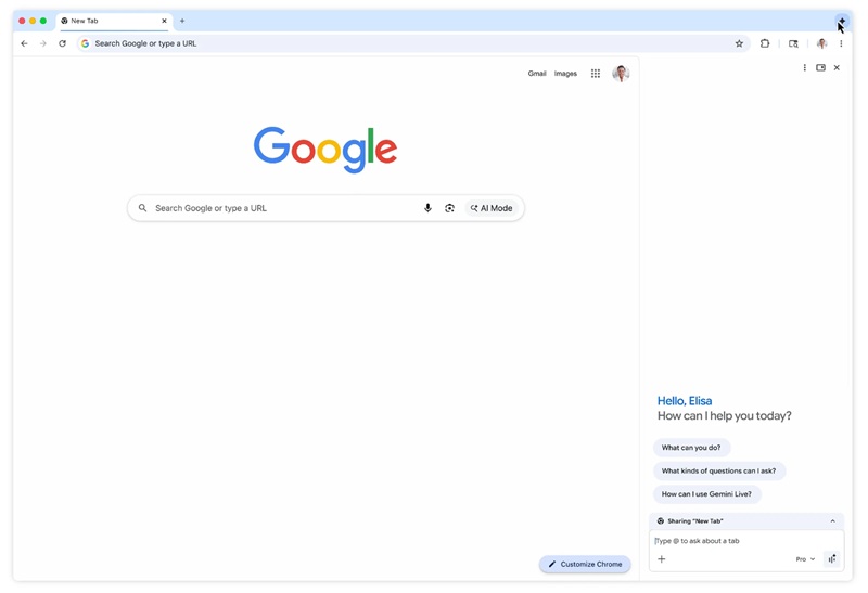 Інтерфейс бокової панелі з Gemini 3 у Google Chrome