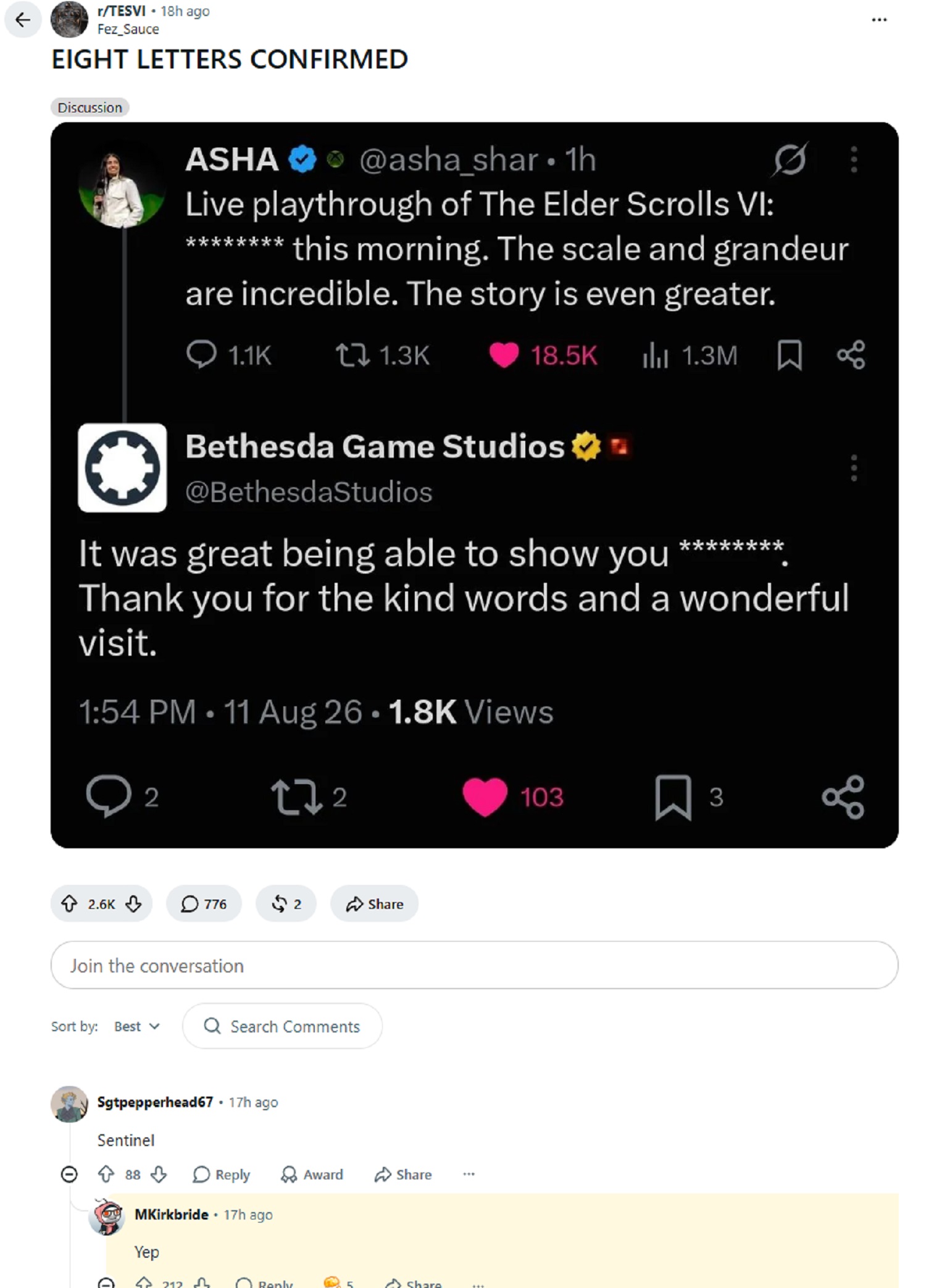 Michael Kirkbride, exescritor de Bethesda, validó la hipótesis de 'Sentinel' con un escueto 'Yep'.