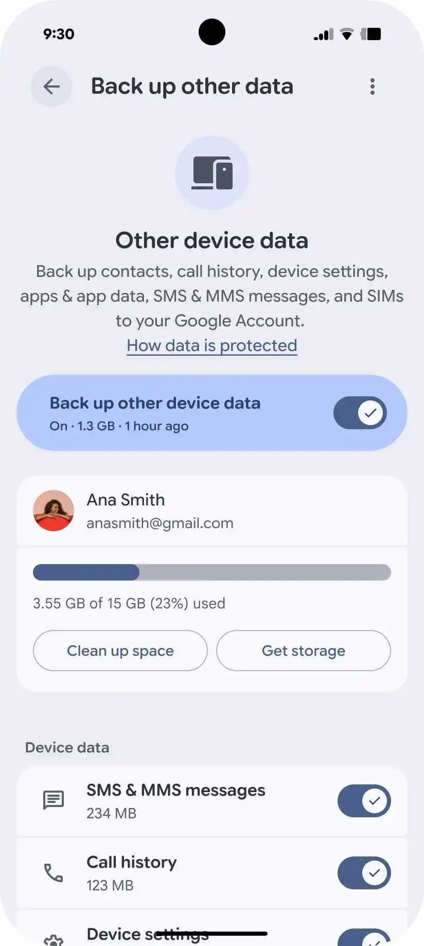 Экран управления резервными копиями Android 1