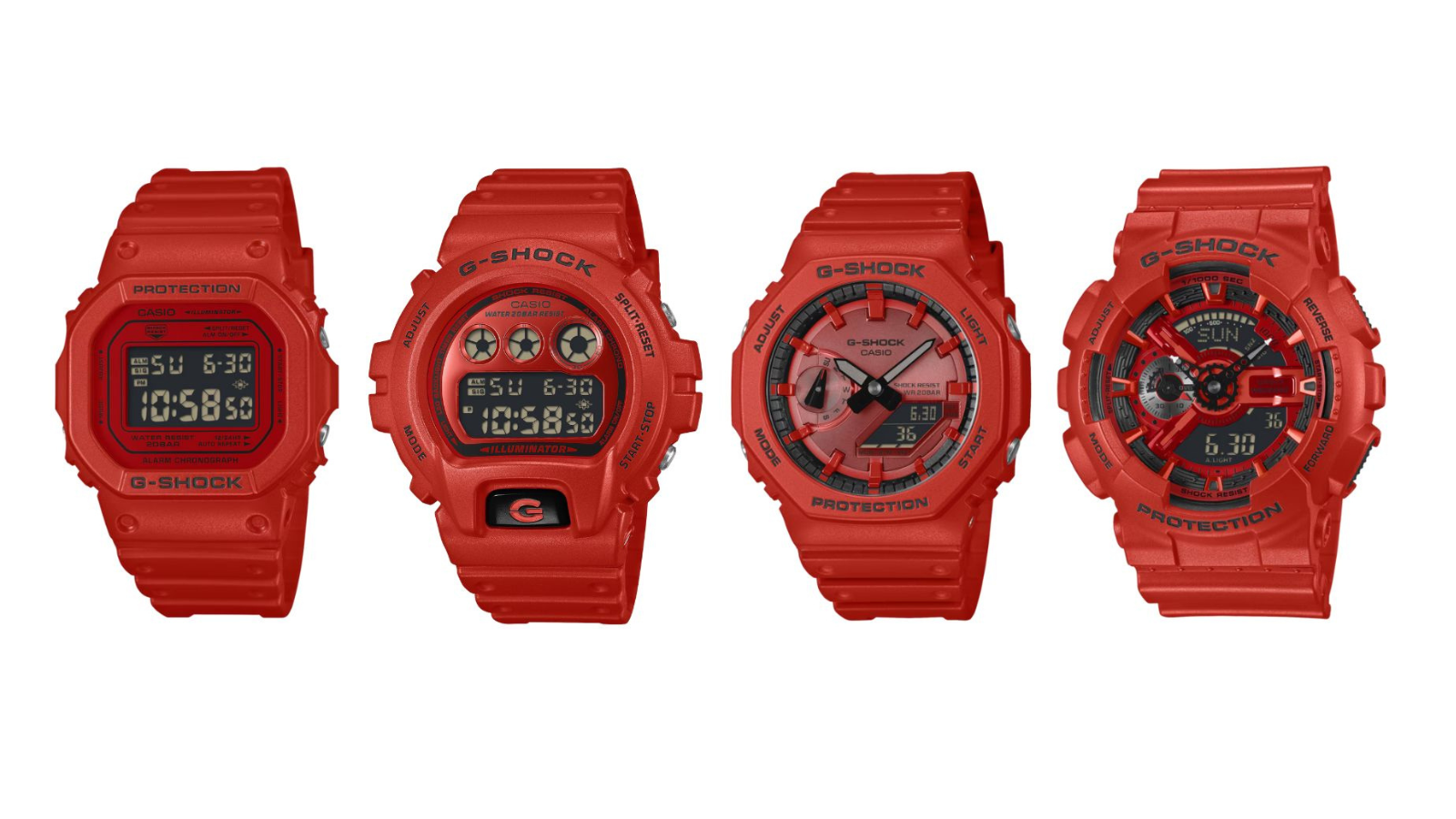 Годинники Casio G-Shock червоного кольору: DW5600RRB-4, DW6900RRB-4, GA2100RRB-4A і GA110RRB-4A