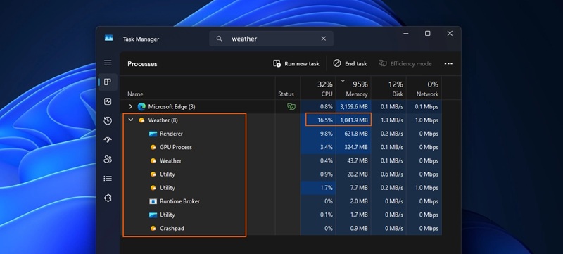 Изображение интерфейса приложения 'Погода' на Windows 11