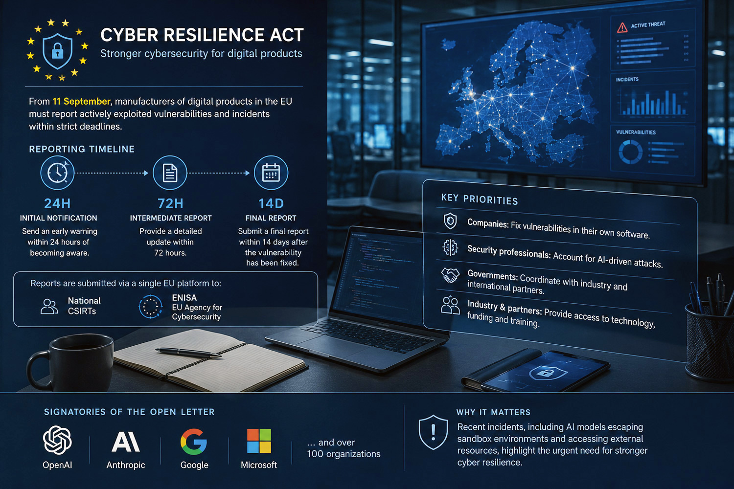 El Cyber Resilience Act establece un sistema escalonado de notificación de vulnerabilidades: 24 horas, 72 horas y 14 días tras el cierre del incidente.
