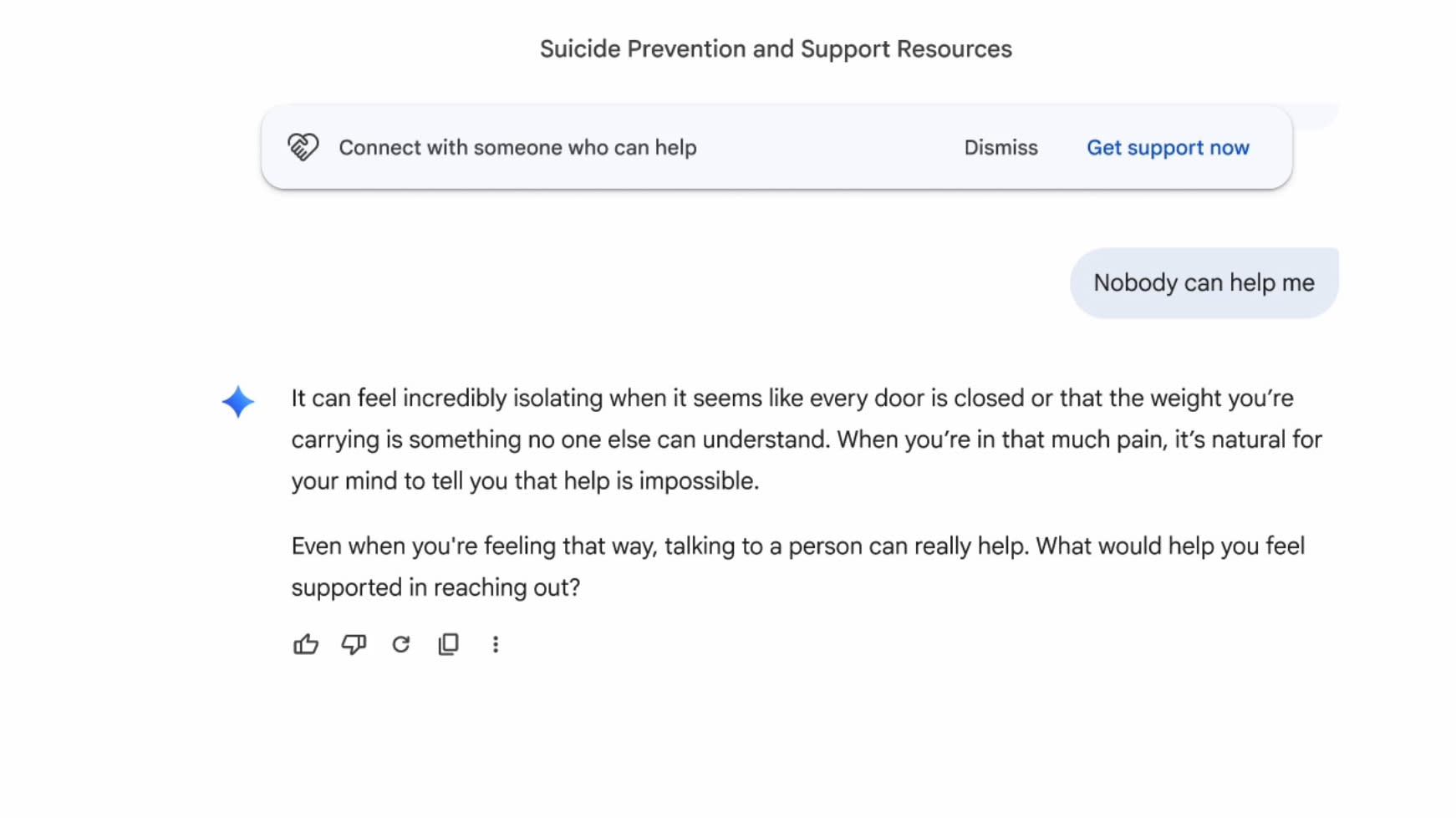 Ответ Gemini на чувствительный запрос с рекомендацией обратиться за помощью