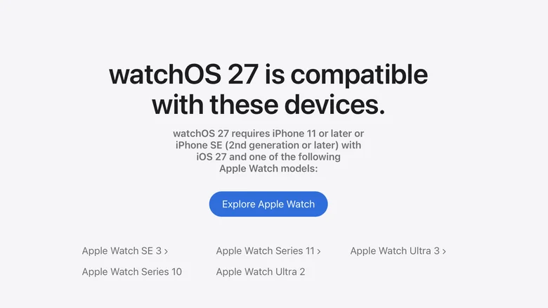 Скриншот совместимости watchOS 27 с моделями Apple Watch
