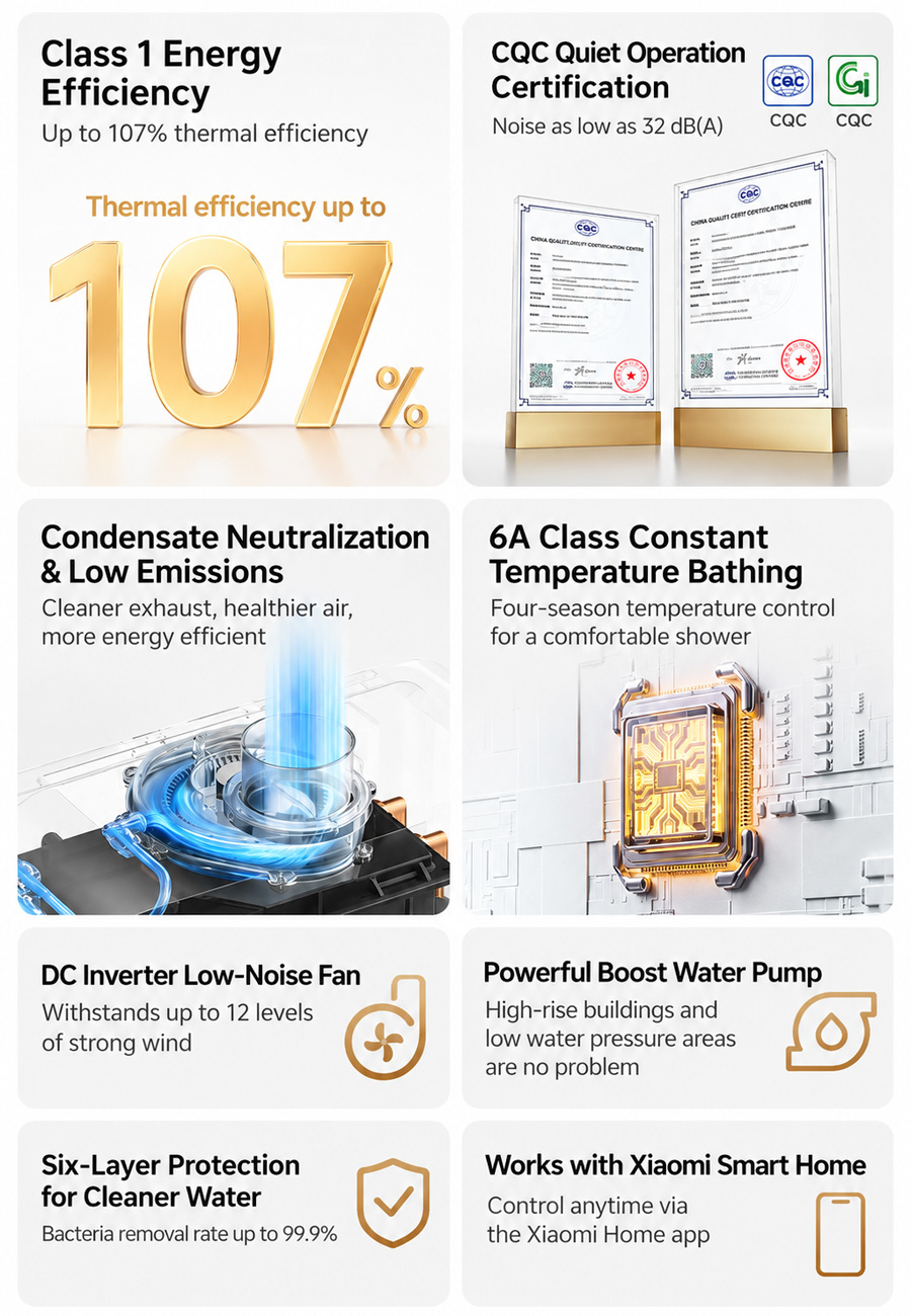 El Xiaomi Mijia Smart Gas Water Heater 2 cuenta con un sistema de supresión de ruido de nueve capas que reduce el nivel sonoro a 32 dB(A).