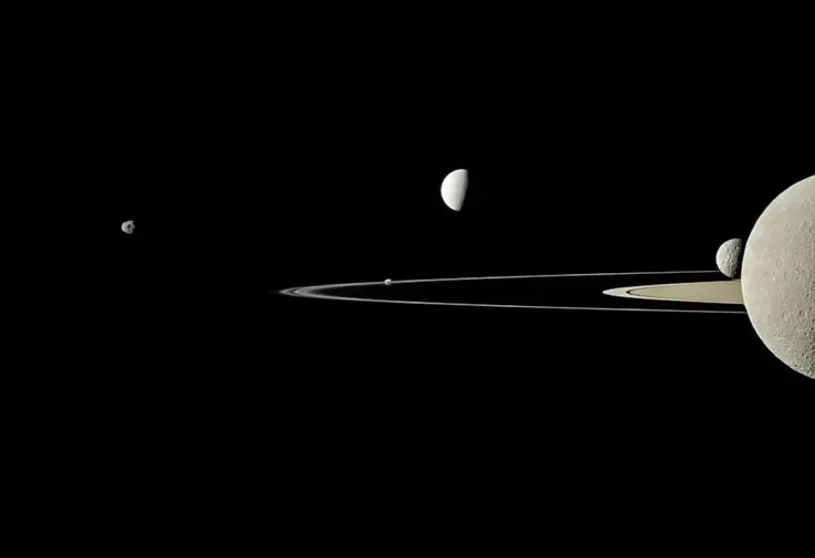 Saturn's moons in the field of view of the Cassini spacecraft